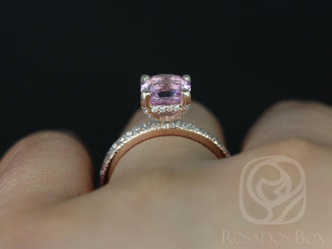 2.10ct Ready to Ship Heidi 14kt Rose Gold Cushion Purplish Pink Spinel Diamond Dainty Pave Cushion Wedding Set Rings,Rosados Box - Rosados Box