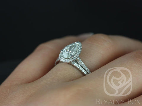 Ready to Ship Tabitha 1.02cts 14kt Solid White Gold Conflict Free Diamond Dainty Pave Pear Halo Classic Wedding Set Rings Rings - Rosados Box