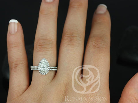 Ready to Ship Tabitha 1.02cts 14kt Solid White Gold Conflict Free Diamond Dainty Pave Pear Halo Classic Wedding Set Rings Rings - Rosados Box