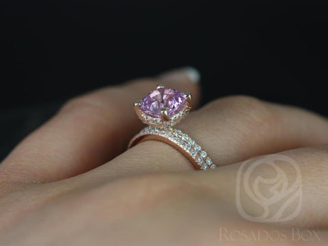 2.10ct Ready to Ship Heidi 14kt Rose Gold Cushion Purplish Pink Spinel Diamond Dainty Pave Cushion Wedding Set Rings,Rosados Box - Rosados Box