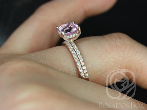 2.10ct Ready to Ship Heidi 14kt Rose Gold Cushion Purplish Pink Spinel Diamond Dainty Pave Cushion Wedding Set Rings,Rosados Box - Rosados Box