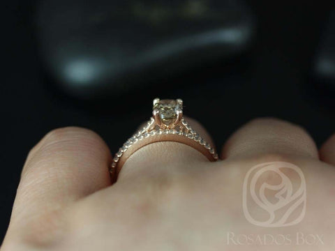 1.03ct Ready to Ship Blake 14kt Rose Gold Cognac Diamond Dainty Oval Solitaire Bridal Set - Rosados Box