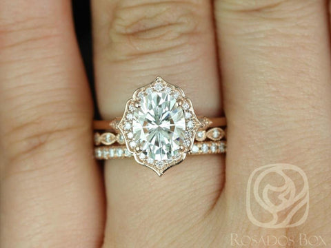 2ct Mae 9x7mm-Gwen-Pernella 14kt Moissanite Diamond Art Deco TRIO Oval Bridal Set,Unique Halo Ring,Oval Engagement Ring,Anniversary Ring