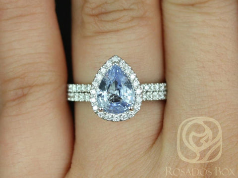 2.04ct Ready to Ship Toni 14kt White Gold Pear Icy Blue Sapphire Diamonds Dainty Pave Pear Halo Classic Bridal Set - Rosados Box