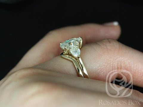 SALE 2ct Kasey 10x7mm 14kt Gold Pear 3 Stone FB Moissanite Bridal Set - Rosados Box