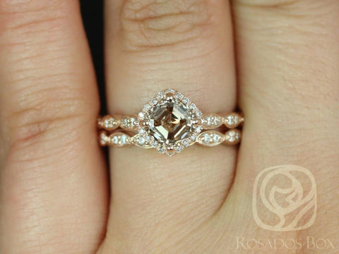 1.36ct Ready to Ship Katya 14kt Rose Gold Cognac Diamond WITHOUT Milgrain Kit Set Cushion Halo Bridal Set - Rosados Box