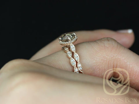 1.36ct Ready to Ship Katya 14kt Rose Gold Cognac Diamond WITHOUT Milgrain Kit Set Cushion Halo Bridal Set - Rosados Box