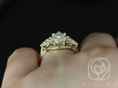 SALE 2ct Kasey 10x7mm 14kt Gold Pear 3 Stone FB Moissanite Bridal Set - Rosados Box