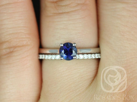 0.79ct Ready to Ship Skinny Flora & Marcelle Blue Sapphire Diamonds Dainty Cathedral Solitaire Round Bridal Set - Rosados Box