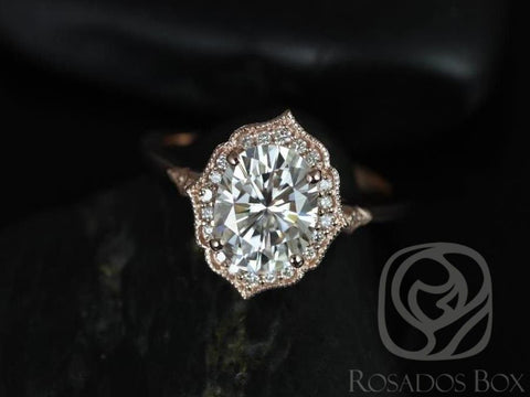 SALE 2ct Ready to Ship Mae 9x7mm & Ultra Petite Leah 14kt Gold WITH Milgrain FB Moissanite Diamond Unique Oval Halo Bridal Set - Rosados Box