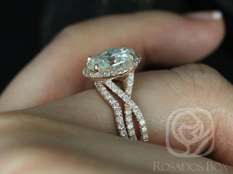 Rosados Box Thelma 10x8mm 14kt Rose Gold Oval Forever One Moissanite Diamond Twisted Halo Wedding Set Rings - Rosados Box