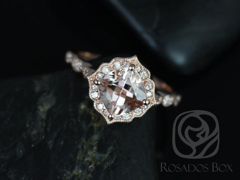 Ready to Ship Lucille 7mm 14kt WHITE Gold WITH Milgrain Morganite Diamond Kite Cushion Halo Ring - Rosados Box