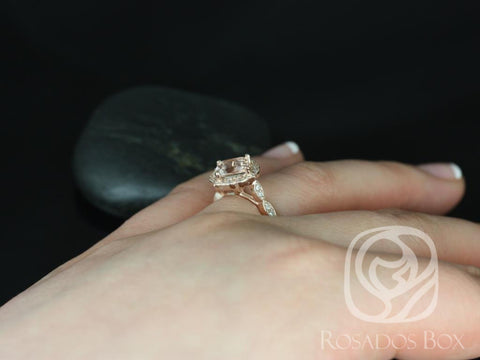 Lucille 7mm 14kt Rose Gold Morganite Diamond WITH Milgrain Kite Halo Ring,Unique Halo Engagement Ring,Art Deco Morganite Ring