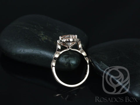 Ready to Ship Lucille 7mm 14kt WHITE Gold WITH Milgrain Morganite Diamond Kite Cushion Halo Ring - Rosados Box