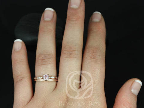 0.44ct Ready to Ship Ember & PLAIN Romani 14kt Rose Gold Cushion Peach Sapphire Diamonds Solitaire Bridal Set - Rosados Box