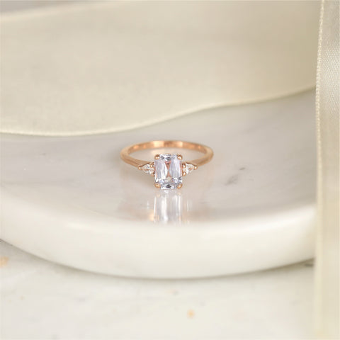 1.70ct Ready to Ship Petite Ellis 14kt Rose Gold Blush Peach Sapphire Diamond 3 Stone Cushion Ring - Rosados Box