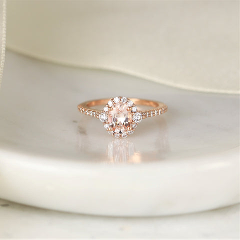 1.29cts Ready to Ship Bridgette 14kt Rose Gold Peach Sapphire Diamond Unique Halo Ring - Rosados Box